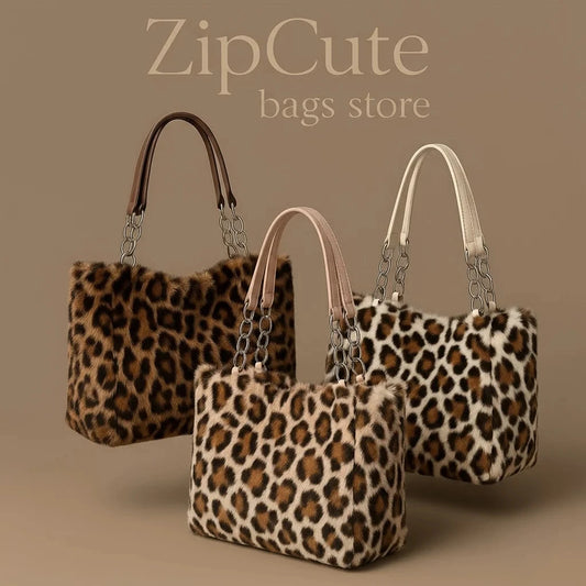 Versatile simple large-capacity bag 2025 new autumn and winter tide fashion leopard print plush tote bag atmospheric fluff shoul ZipCute Bags Store