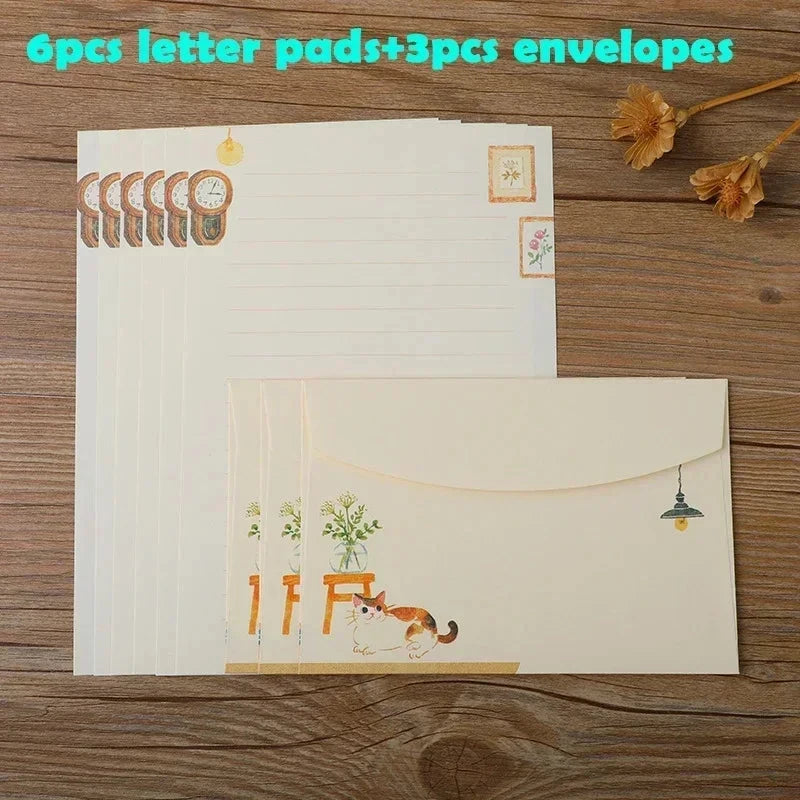 9pcs/set Cartoon Cats Envelopes with Letter Pads Cute Letter Writing Paper Wedding Invitation Cards Postcards Cover Stationery Sun4rising Stationery Store