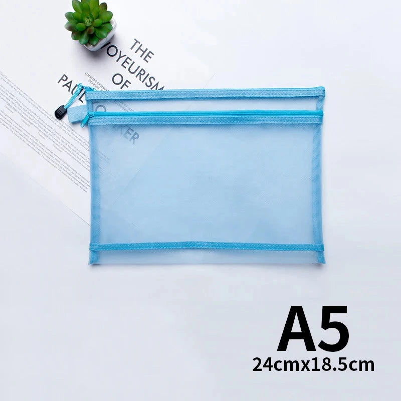 A4 A5 A6 Portable Double-layer Mesh Zipper File Bag Transparent  Student Test Paper Data Storage Bag Office Files Stationery Colourful Art Store