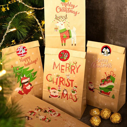 Christmas Gift Bags Kraft Paper Bag Candy Cookie Packaging Pocket Xmas Advent Calendar Digital Sticker Packing Supplies 24pcs GJWED Party Supplies Store