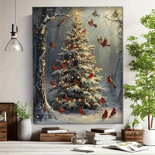 1pc Wooden Framed Canvas Poster - Winter Cardinal Birds & Snow-Covered Tree (Realistic Style, White Snow & Red Berries Iron Art Crafts Factory Store