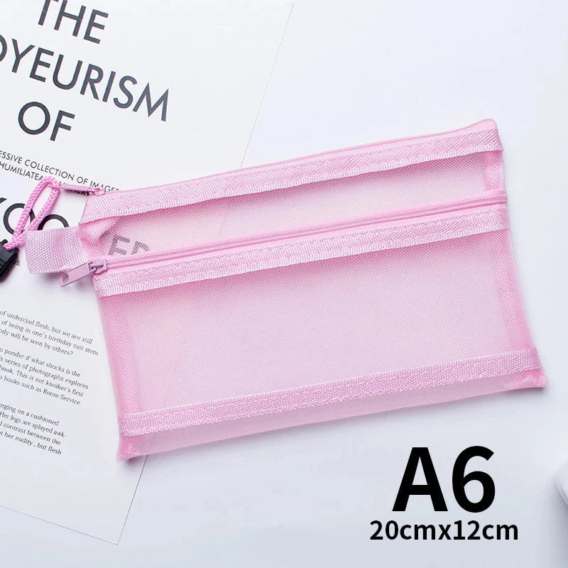 A4 A5 A6 Portable Double-layer Mesh Zipper File Bag Transparent  Student Test Paper Data Storage Bag Office Files Stationery Colourful Art Store