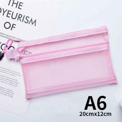 A4 A5 A6 Portable Double-layer Mesh Zipper File Bag Transparent  Student Test Paper Data Storage Bag Office Files Stationery Colourful Art Store