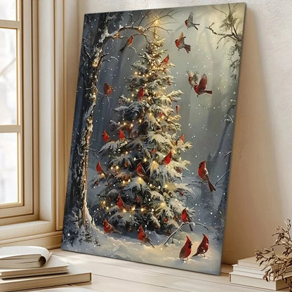 1pc Wooden Framed Canvas Poster - Winter Cardinal Birds & Snow-Covered Tree (Realistic Style, White Snow & Red Berries Iron Art Crafts Factory Store